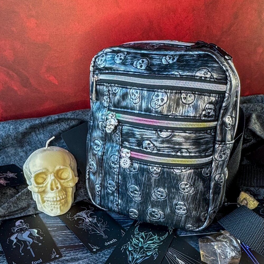 Skull Bag, Black Crossbody, Faux Leather Bag, Adjustable Bag, Zipper Bag, Grunge